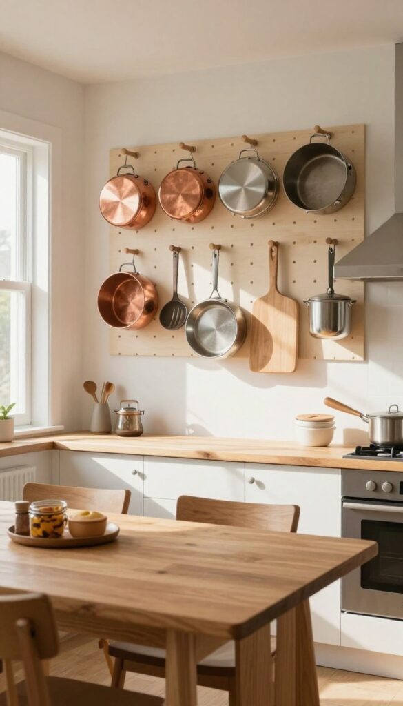 A pegboard wall behind a dining table displaying hanging cookware as functional decor in a bright kitchen