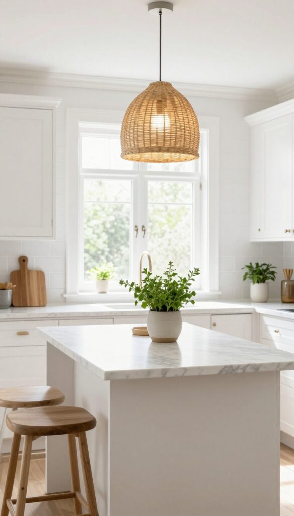 Kitchen extension with island and statement rattan pendant light