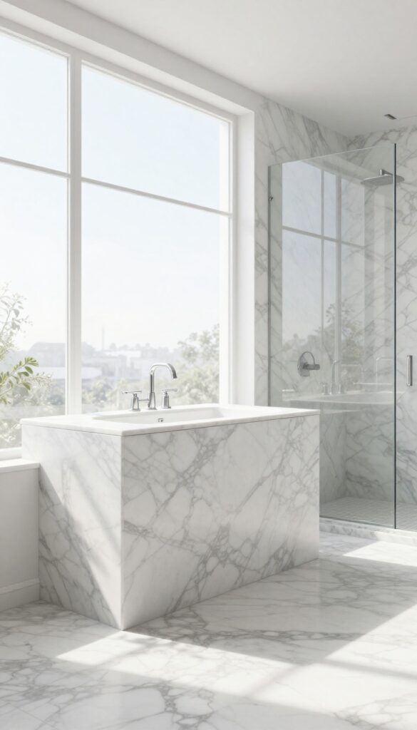 A luxurious marble bathroom with a feature wall, vanity top, floor tiles, and shower surround in bright natural light.