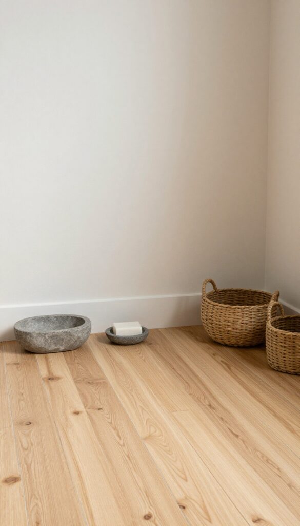 Wood tile shower floor with slip-resistant finish in a bathroom setting, highlighting safety and style with natural accents.