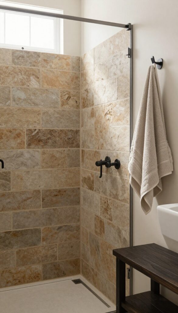 Close-up of rustic slate tiles in a farmhouse bathroom shower with warm grout, matte black fixtures, and a wooden bench under natural light.