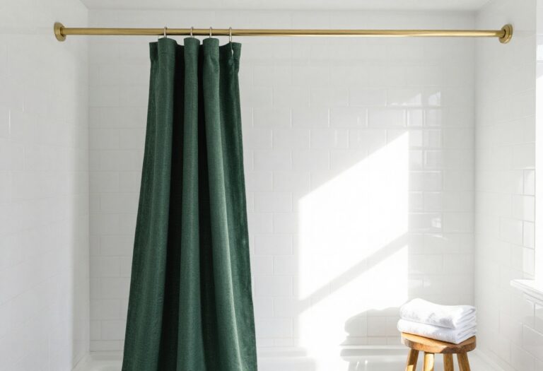 Bright bathroom with dark green shower curtain and gold hardware