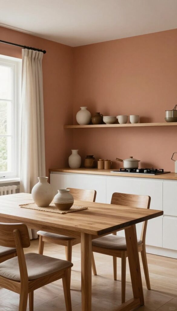 Kitchen and dining room with terracotta accent wall behind dining table, white cabinets and natural wood decor