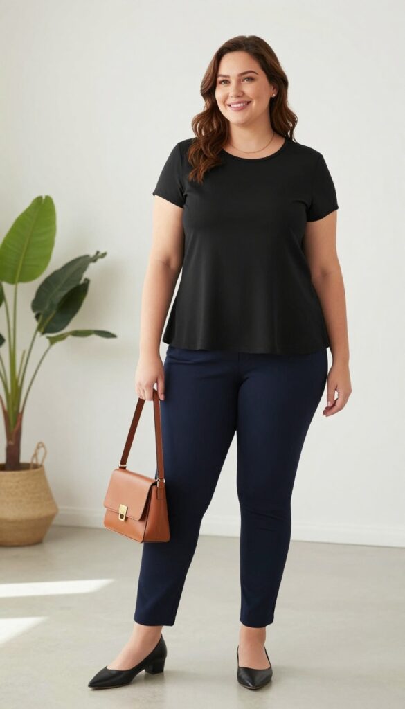 Plus-size woman in black peplum top and slim navy trousers, standing in bright room with plant, wearing flats and crossbody bag.