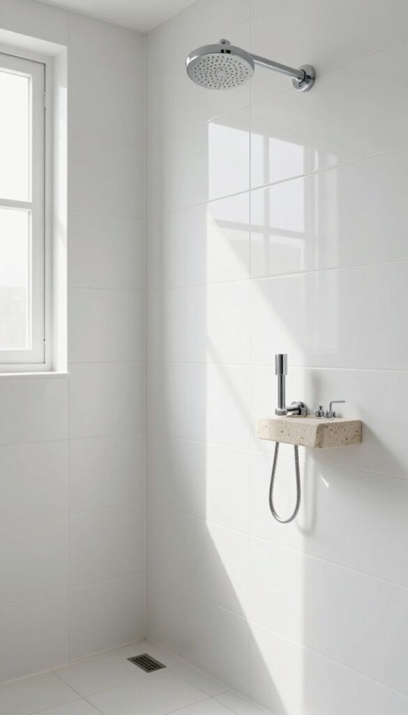 A bright shower with glossy white tiles reflecting natural light to enhance brightness in a compact bathroom.