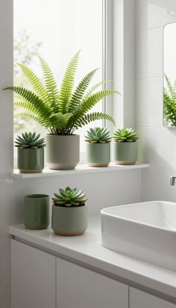 A bright, clean bathroom with water-resistant plants in pots on shelves and countertops, adding greenery to soften the space.