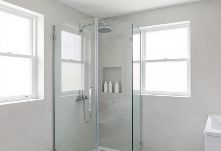Spacious shower with frameless glass and rainfall showerhead in a light, airy bathroom