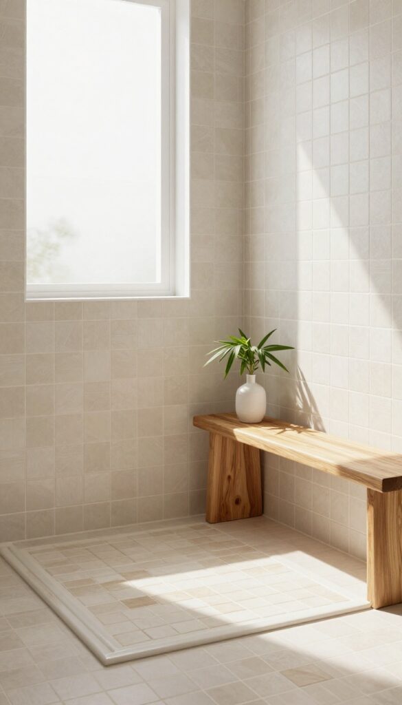 Coastal shower with basketweave tile in neutral beige and white, teak bench, natural light