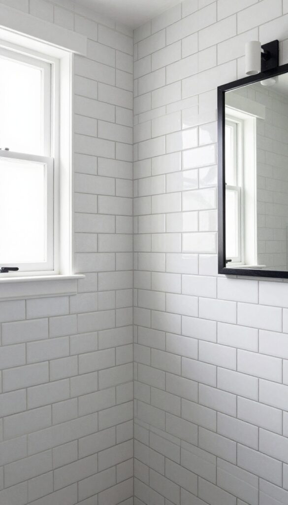 White subway tile with black grout in a bright, minimalist bathroom, highlighting contrast and clean design for home decor inspiration.