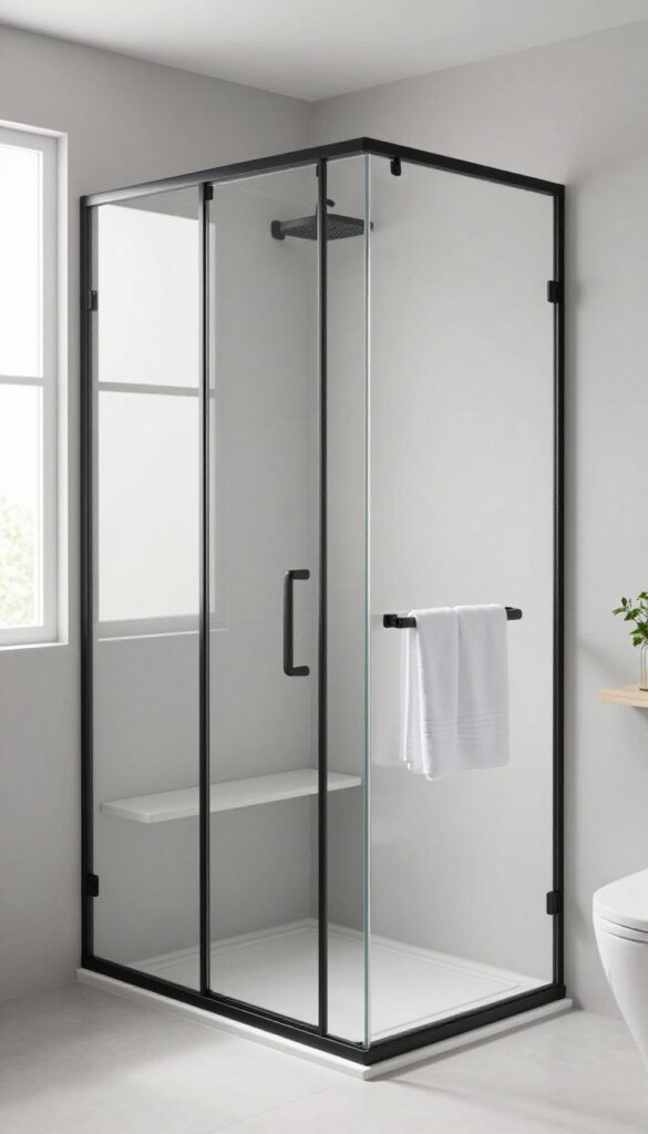 Neo angle shower with sliding glass door in modern bathroom