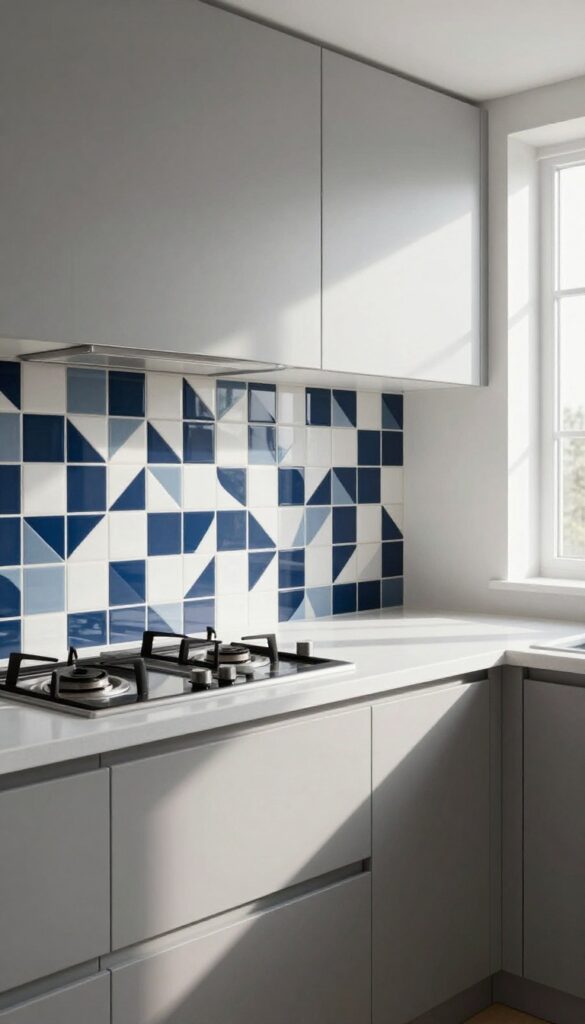 Modern kitchen with navy and white geometric tile backsplash behind stove