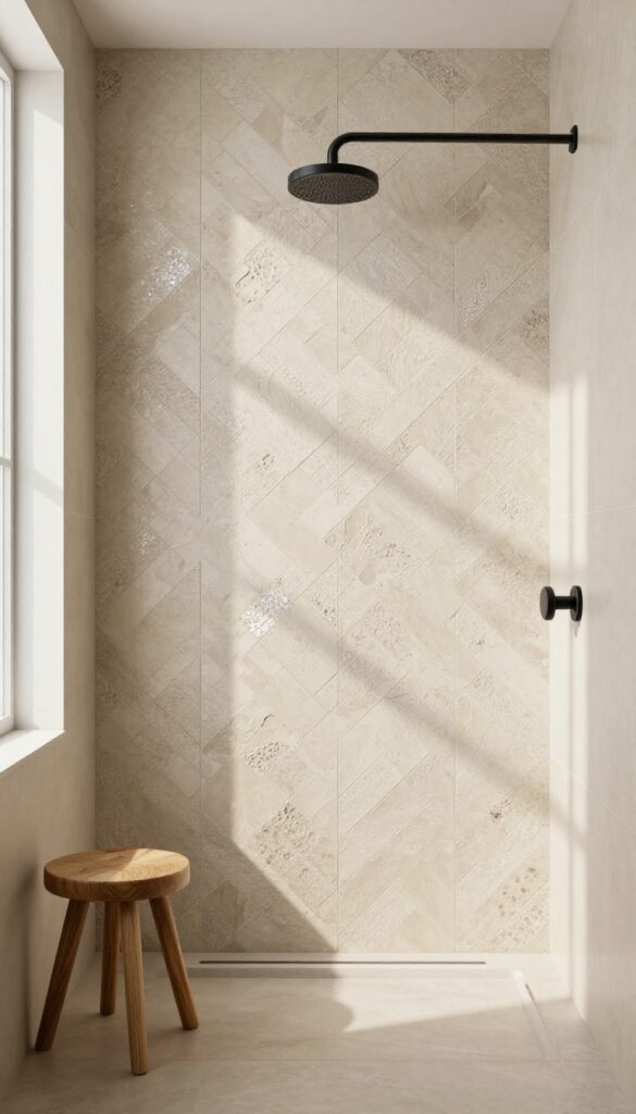 Bathroom shower with layered textured zellige tiles on one accent wall, matte black fixtures, and natural light.