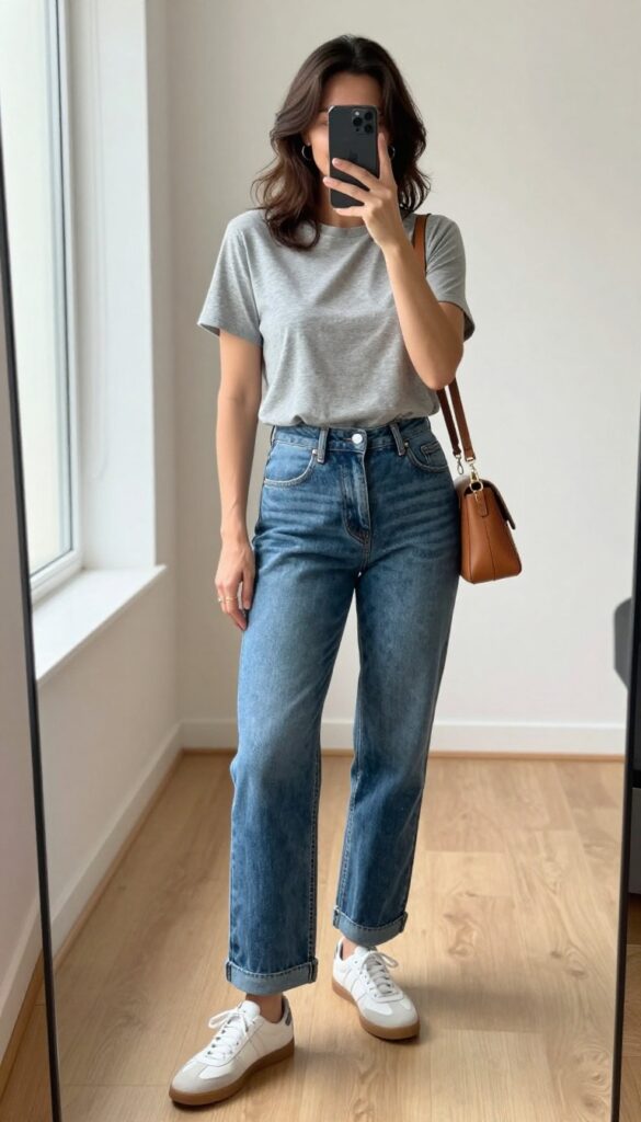 Midsize woman in high-waisted straight jeans and relaxed grey tee, taking a mirror selfie in bright natural light, showcasing an effortless casual outfit.