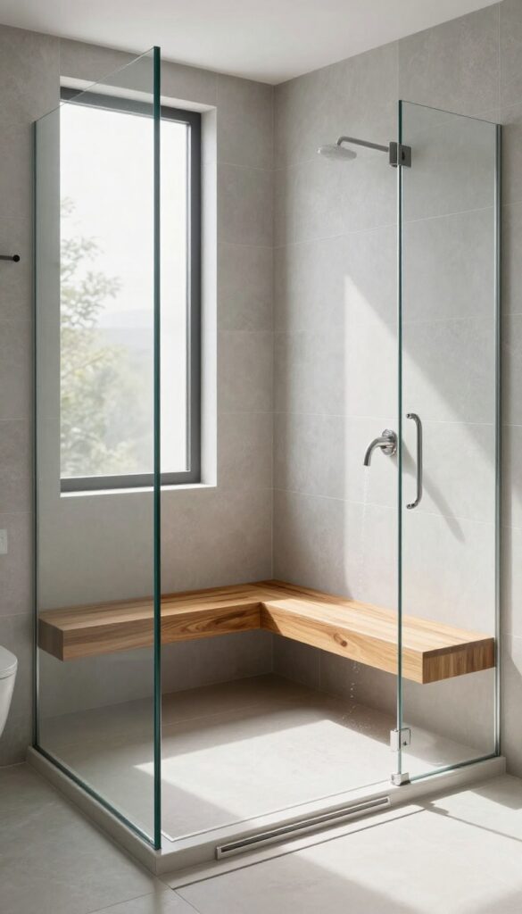 Integrated shower bench with linear drain in a modern bathroom