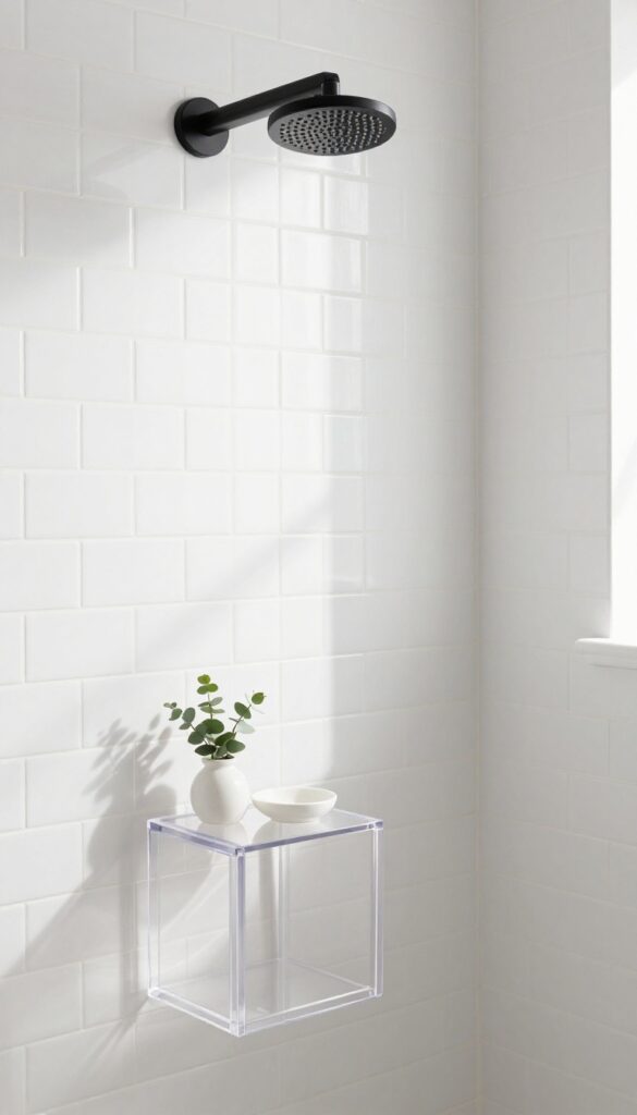 Clear acrylic cube shower chair in a bright small bathroom with white subway tile, matte black fixtures, and eucalyptus decor.