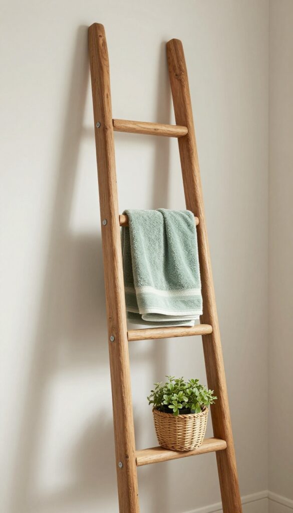 A rustic wooden ladder towel rack in a bright bathroom, featuring beige and sage green towels, a plant, and woven basket for storage.