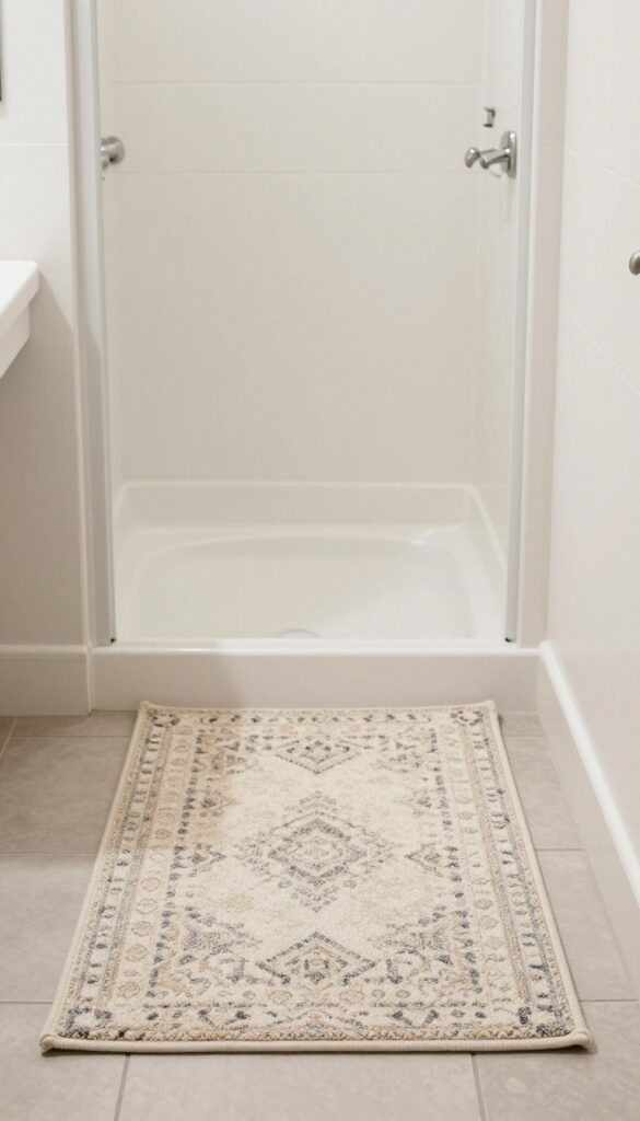 A small rug warming up a college bathroom with bright natural light and clean composition.