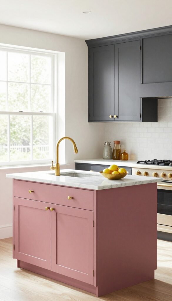 Modern kitchen with dusty rose island and charcoal gray cabinets, brass accents, bright natural light
