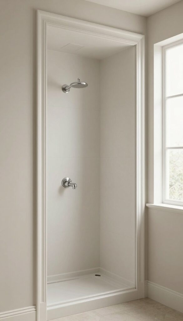 Decorative molding above a shower surround in a bathroom with natural light and clean design.