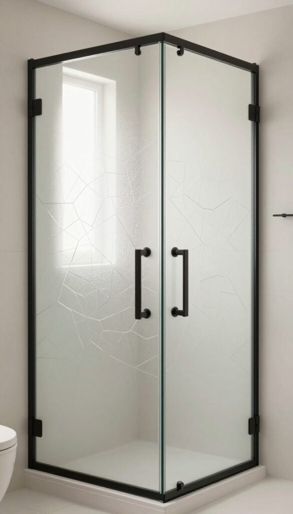 Frosted glass shower door with etched geometric patterns in a modern bathroom, showcasing privacy and style with clean lines and natural lighting.