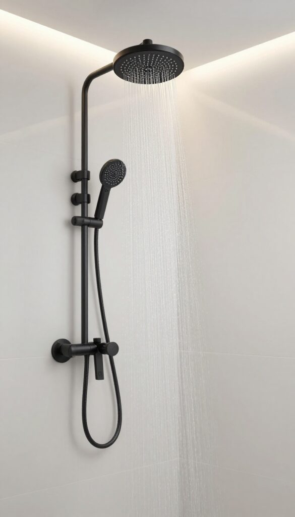 Walk-in shower with rainfall showerhead creating a relaxing spa-like atmosphere
