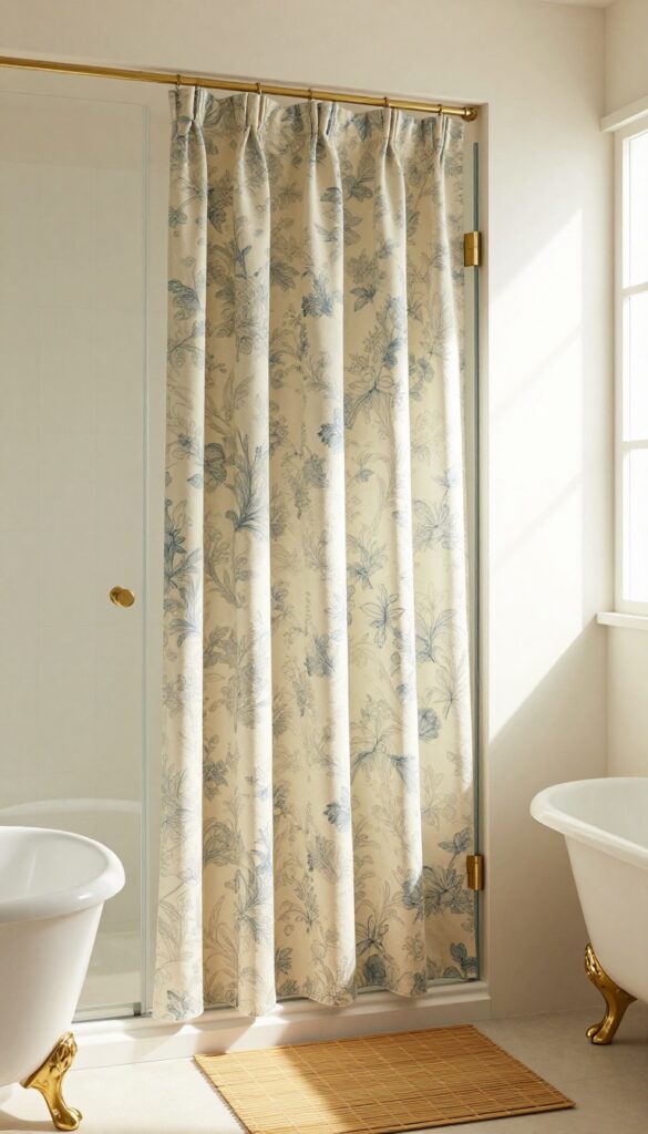 Vintage-inspired toile print shower curtain on glass door in warm bathroom with clawfoot tub and brass fixtures