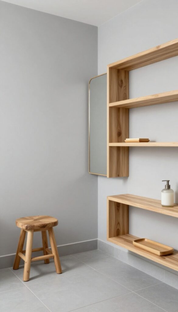 A bright and airy bathroom with light gray walls and tile accented by wooden elements like a stool, bamboo tray, and wood-framed mirror for a warm and relaxed feel.