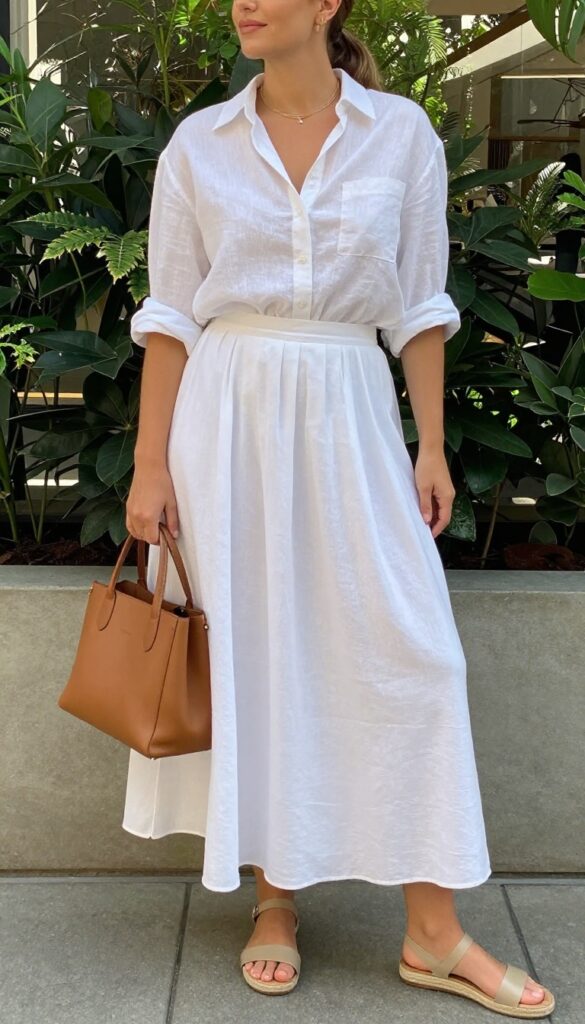 A woman wearing a white linen button-down shirt and white maxi skirt for a summer outfit, styled with rolled sleeves, delicate necklace, structured tote bag, and leather sandals in a bright outdoor setting.