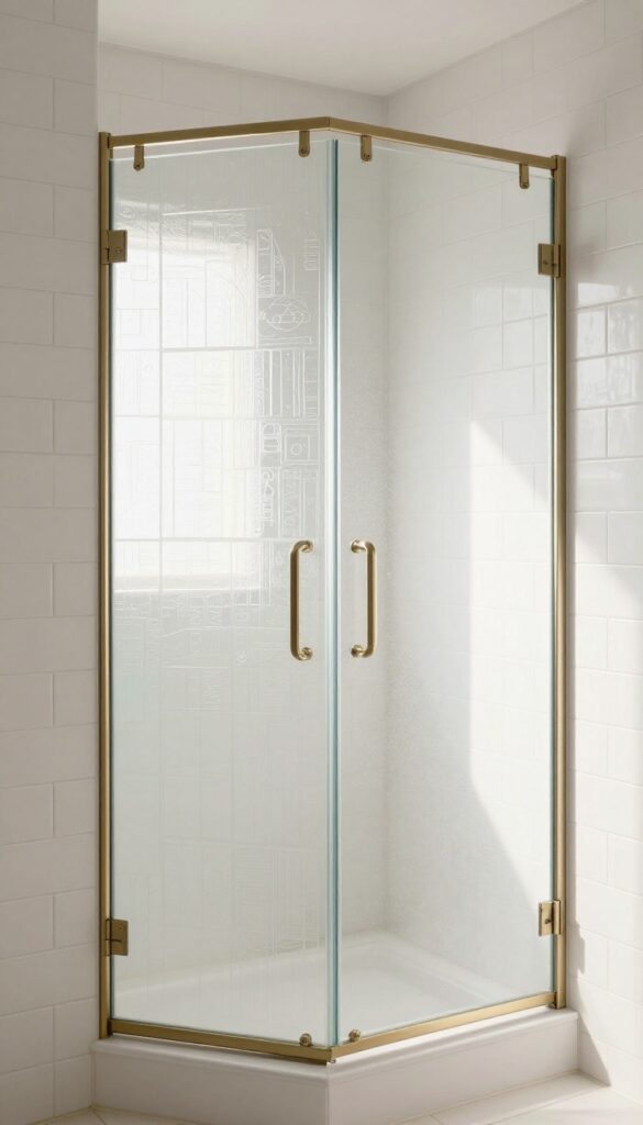 Patterned glass shower door with geometric design in a modern bathroom, showcasing privacy and style with natural light and neutral decor.
