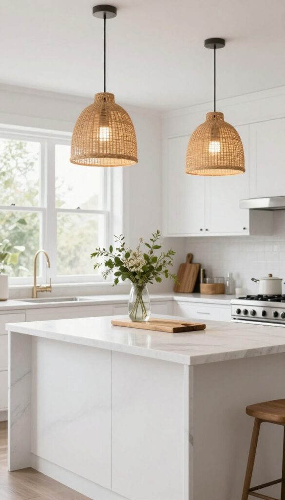 Two woven rattan pendant lights hanging over a white marble kitchen island in a bright modern kitchen