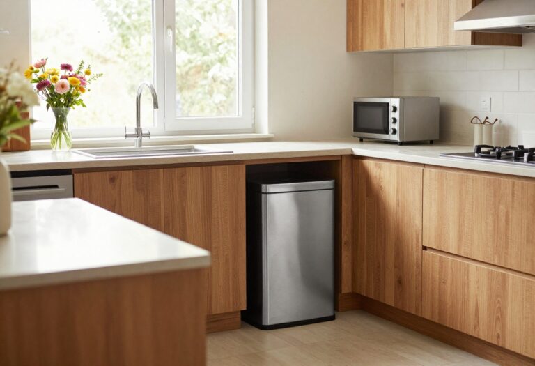 Elegant kitchen with a hidden stainless steel trash can under the counter, natural light, and fresh flowers.