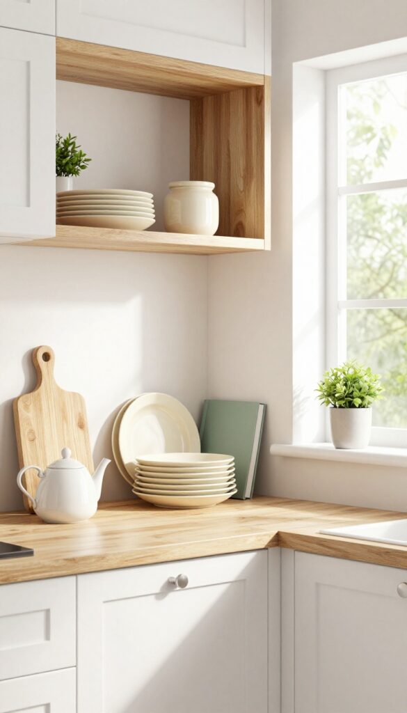 Open shelving in a bright kitchen with stacked plates, cookbook, plant, and ceramic jar.