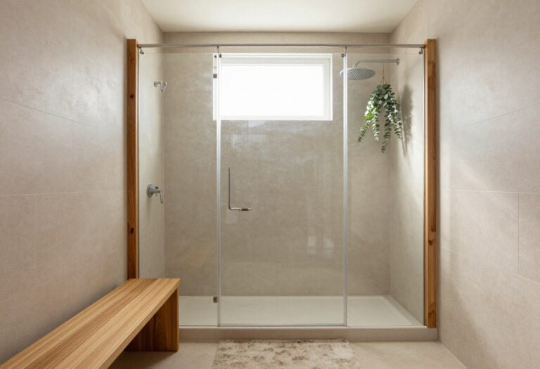 Cozy bathroom shower with wood accents, soft lighting, and eucalyptus