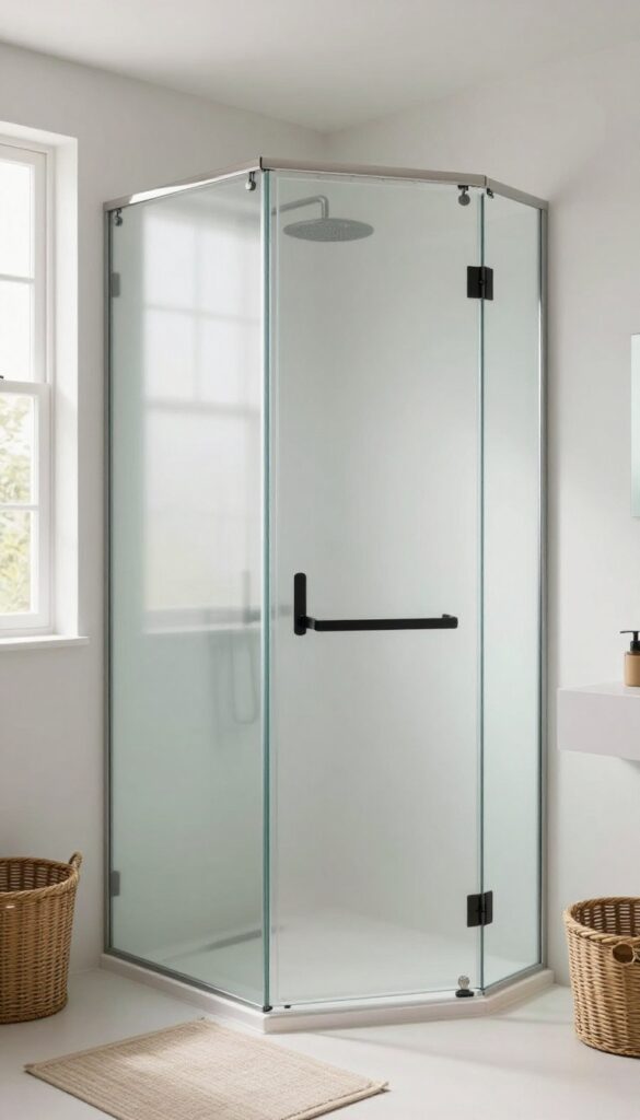 A small bathroom featuring a frosted glass panel fixed beside a sliding shower door, designed for tight layouts with minimalist hardware and natural textures like teak and woven baskets.