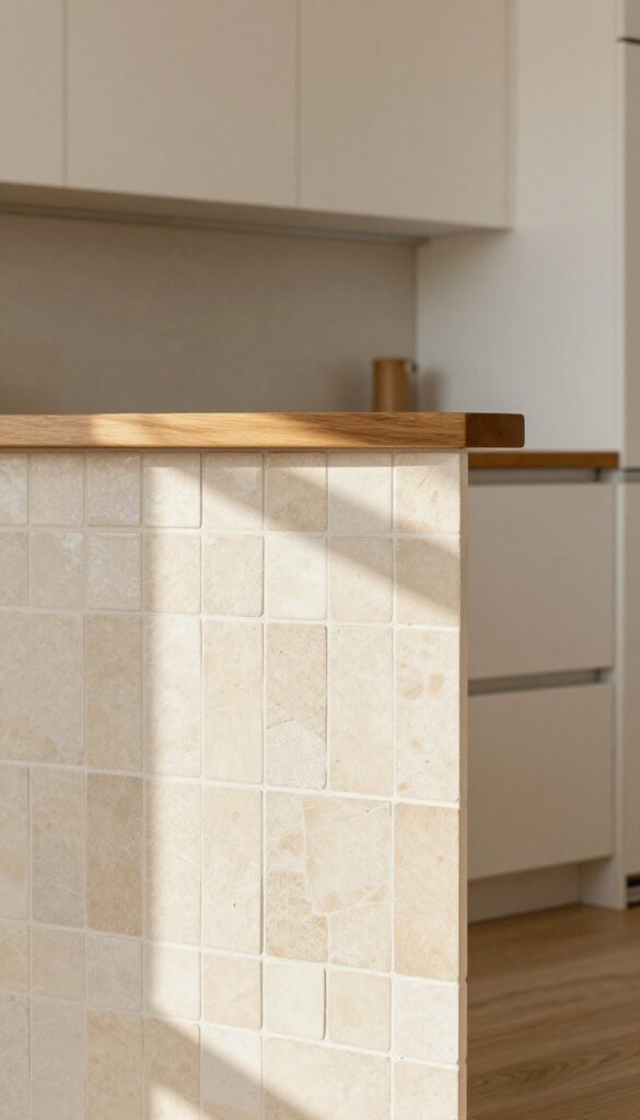 Textured backsplash tiles behind a kitchen pass through with warm lighting and wooden accents