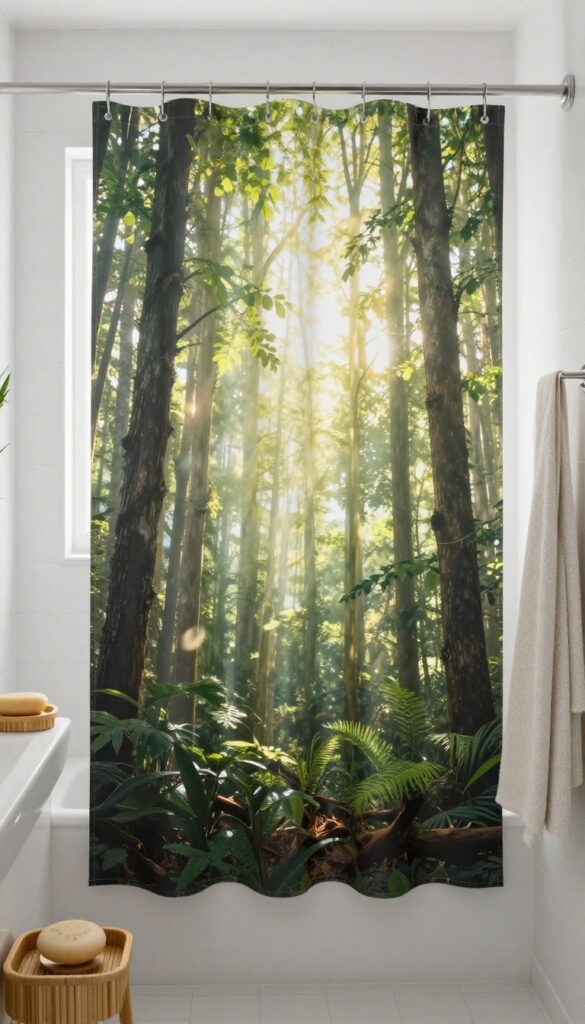 A bathroom with a nature-themed shower curtain depicting a peaceful forest scene, set in bright natural light with bamboo accessories and minimal decor for a calming vibe.