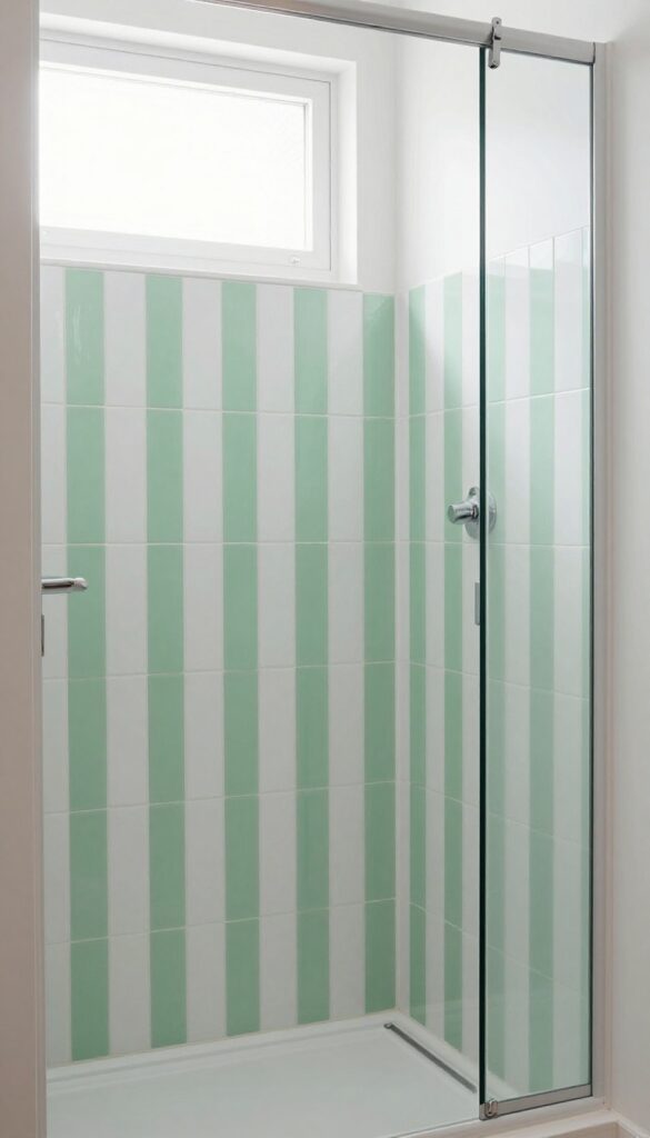 Vertical painted tile effect with stencils in a small shower, showing green stripes on white tiles, bright natural light.