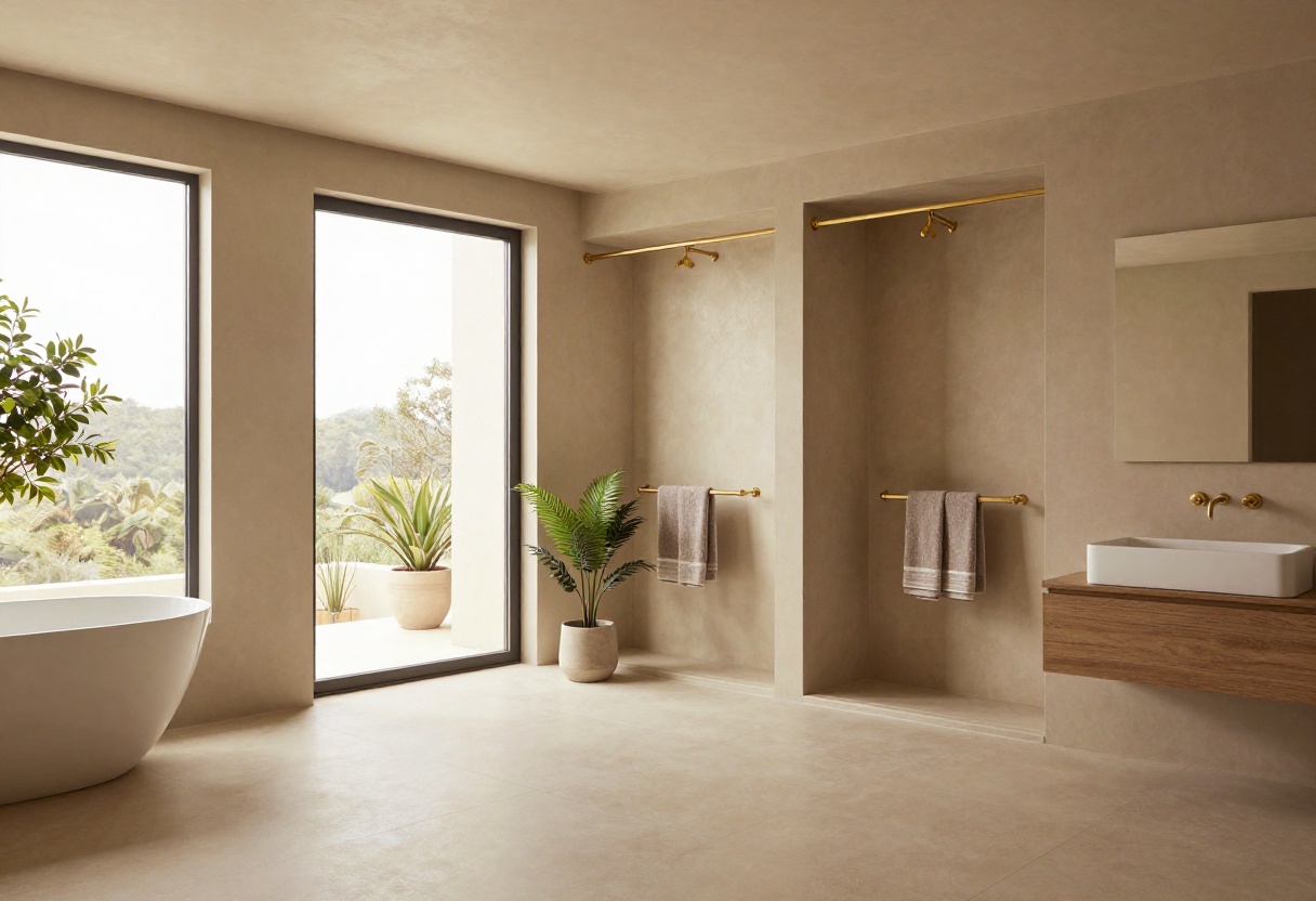 A cozy bathroom with a custom shower curtain rod in brushed brass, showcasing layered curtains and warm decor elements.