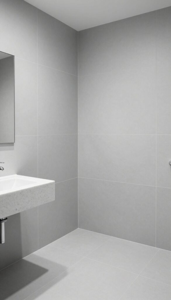 A bright bathroom with durable materials like quartz countertops and ceramic tile for easy cleaning.
