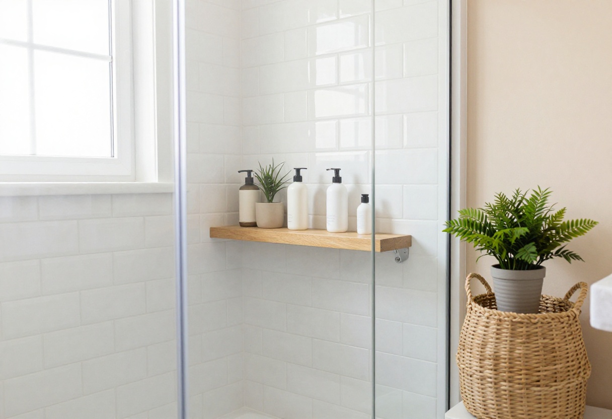 White subway tile shower with teak wood shelf and natural light