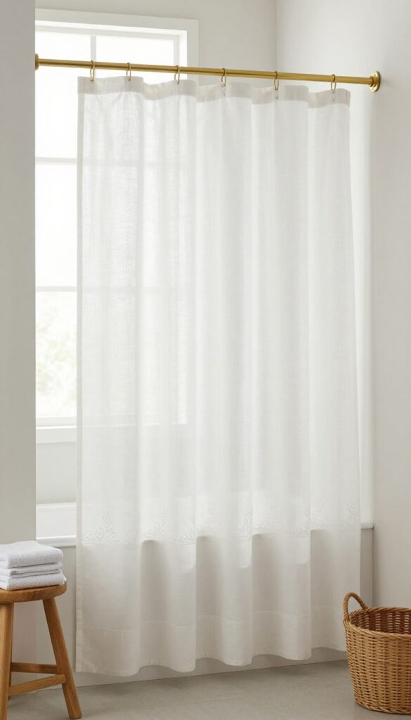 Embroidered linen shower curtain in a neutral bathroom with natural light and matte brass accents