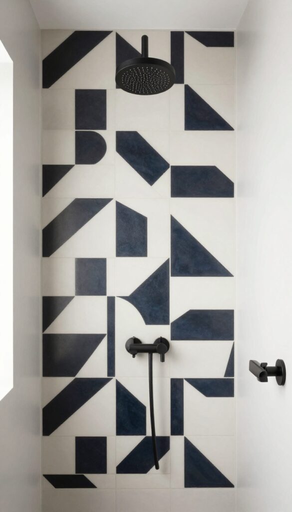 A close-up view of a shower wall featuring an accent strip of bold geometric patterned tiles in contrasting colors against a neutral background, with matte black fixtures visible, illustrating a budget-friendly design idea for modern bathrooms.