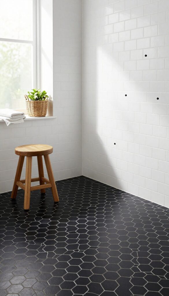 Black hexagon mosaic shower floor with white walls, teak stool, woven basket, and green plant.