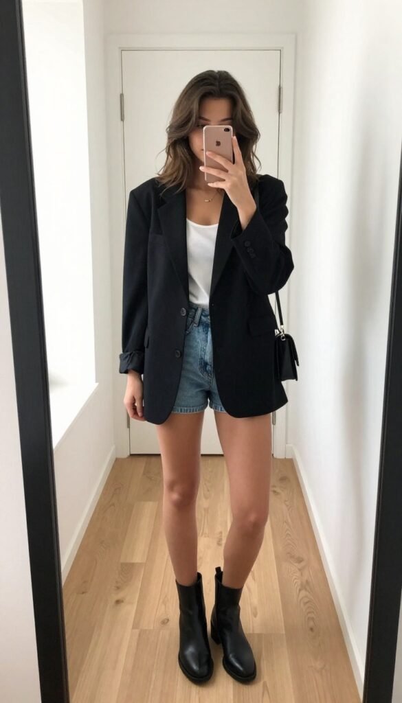 Woman in oversized black blazer, white tank, and denim shorts taking a mirror selfie for a casual bar night outfit idea.