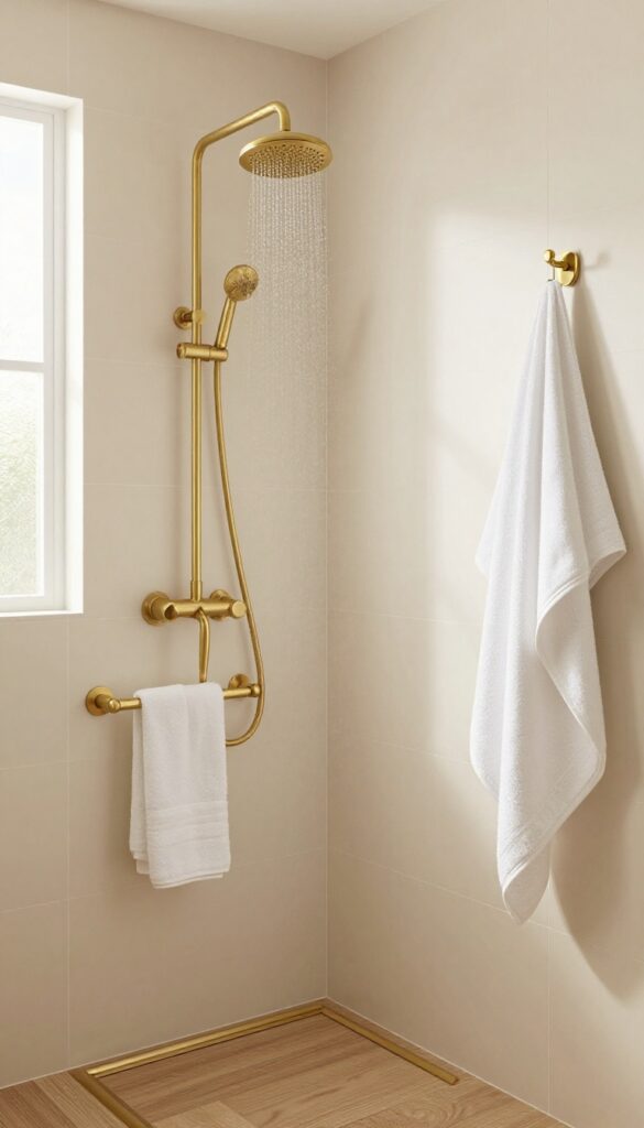 Small shower-only bathroom with coordinated brushed brass accessories including showerhead, faucet, towel bar, and robe hook against creamy beige tiles and wood-look flooring.