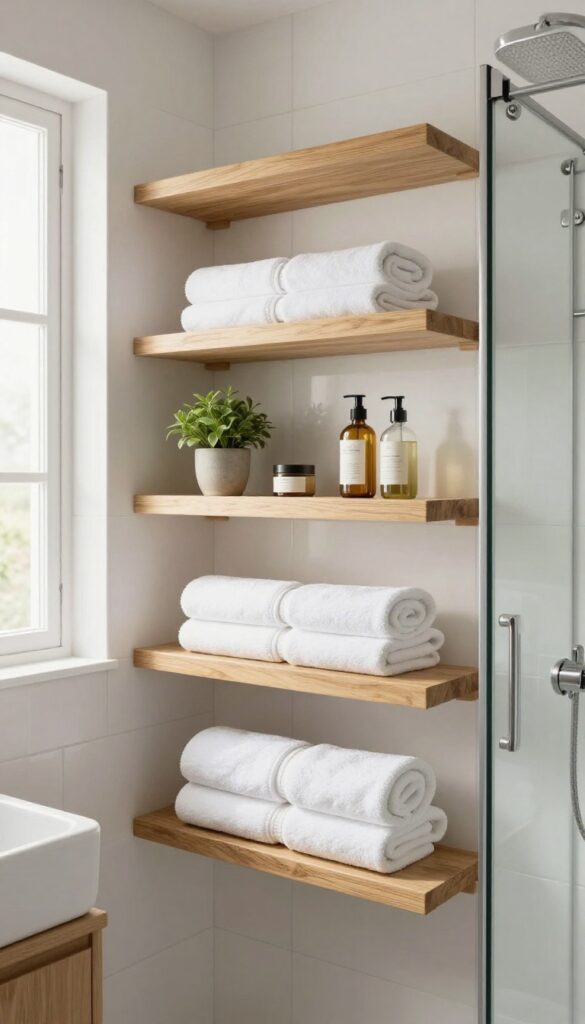 Floating wood shelves above a shower surround in a bright bathroom, showcasing light oak shelves with towels, a plant, and bottles for storage and style.