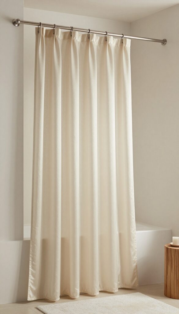 A lightweight silk-blend curtain in a walk-in shower, glowing softly under natural light to create an elegant and relaxing bathroom atmosphere.