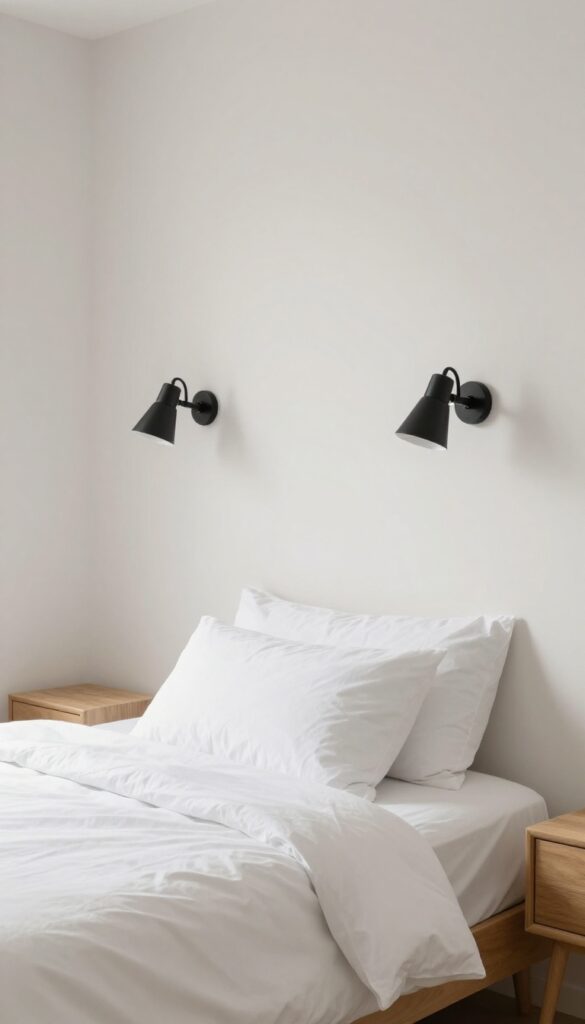 Tiny bedroom with wall-mounted sconces replacing bulky table lamps, creating a clutter-free and calm atmosphere.