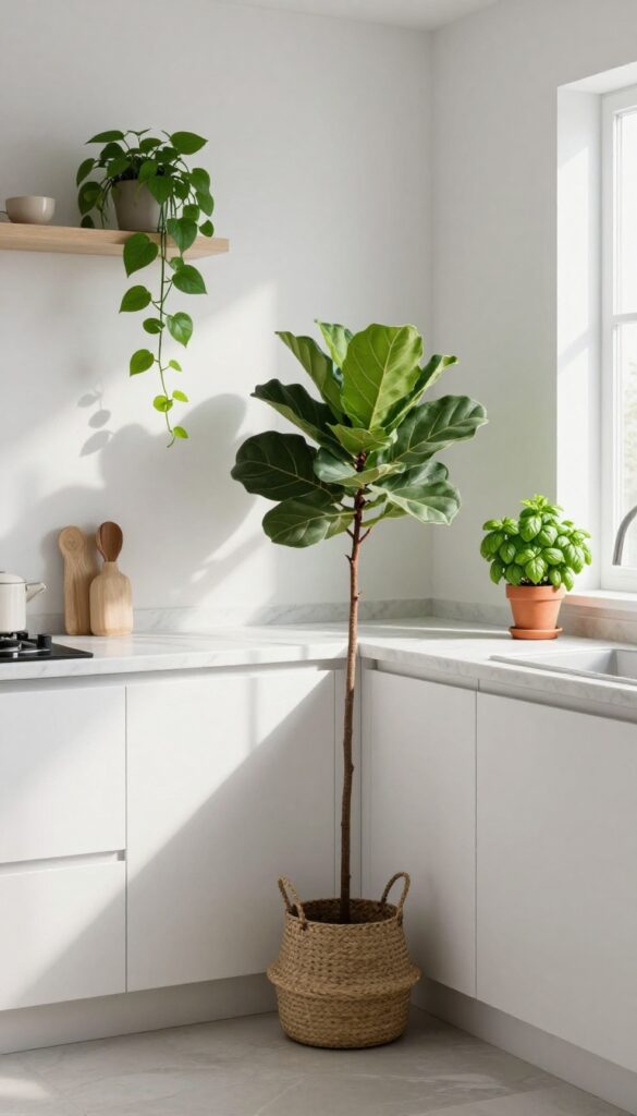 Modern kitchen with greenery including fiddle leaf fig, pothos, and herb pots on windowsill