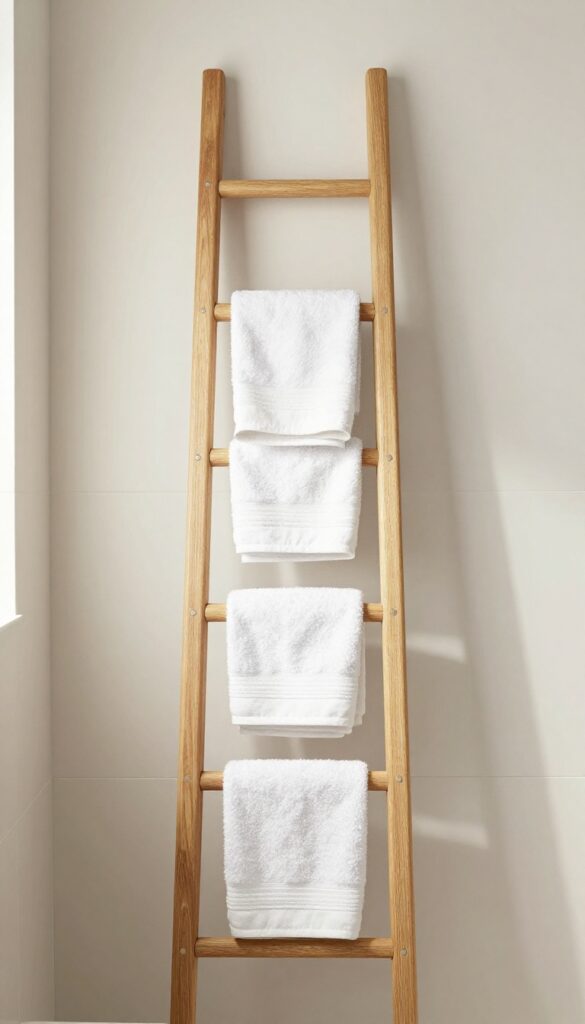 A leaning wooden ladder rack in a bathroom with towels hanging neatly on the rungs, showcasing flexible storage without permanent installation.